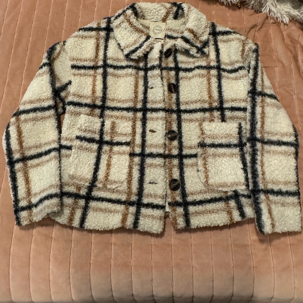 Stoosh Cream and Tan Checkered Sherpa Coat
